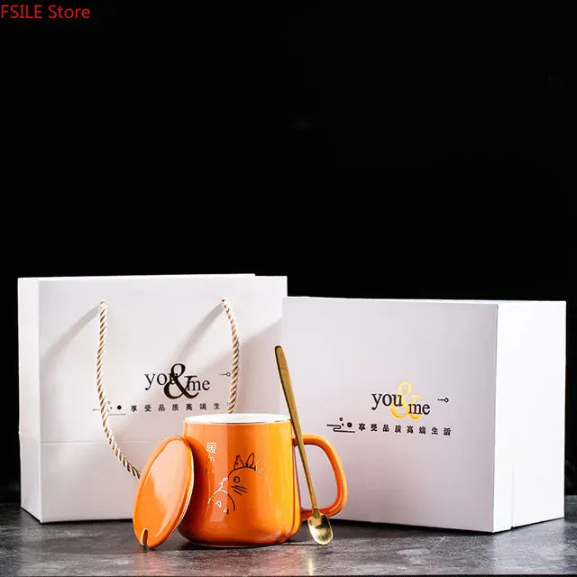 كوب قهوة سيراميك فاخر مطلي بالذهب، بتصميم أوروبي أنيق، سعة 400 مل، مع غطاء وملعقة وكوب ماء وكوب برسومات كرتونية. 