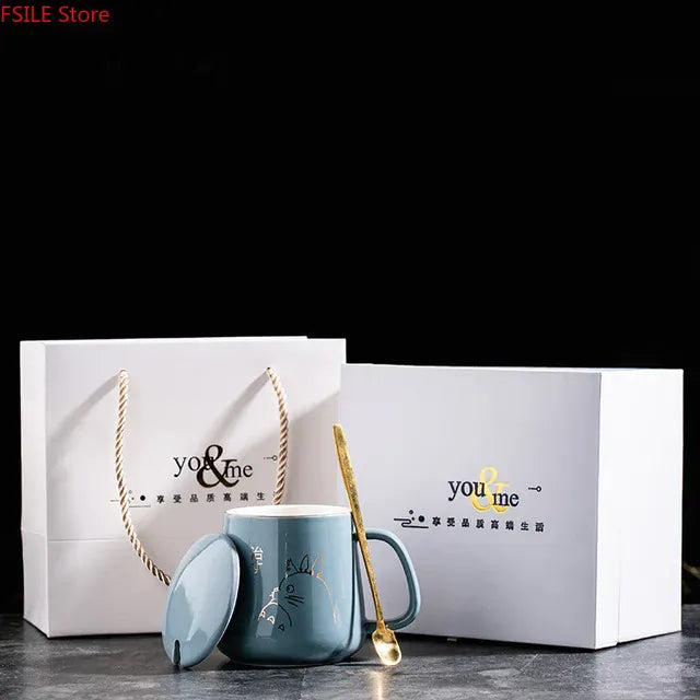 كوب قهوة سيراميك فاخر مطلي بالذهب، بتصميم أوروبي أنيق، سعة 400 مل، مع غطاء وملعقة وكوب ماء وكوب برسومات كرتونية. 