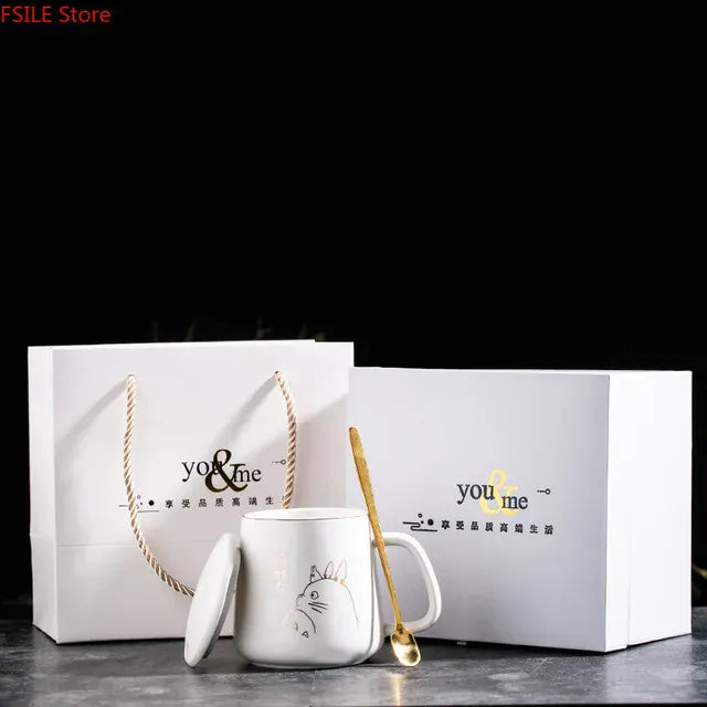 كوب قهوة سيراميك فاخر مطلي بالذهب، بتصميم أوروبي أنيق، سعة 400 مل، مع غطاء وملعقة وكوب ماء وكوب برسومات كرتونية. 