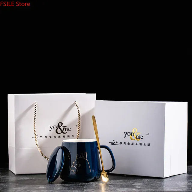 كوب قهوة سيراميك فاخر مطلي بالذهب، بتصميم أوروبي أنيق، سعة 400 مل، مع غطاء وملعقة وكوب ماء وكوب برسومات كرتونية. 